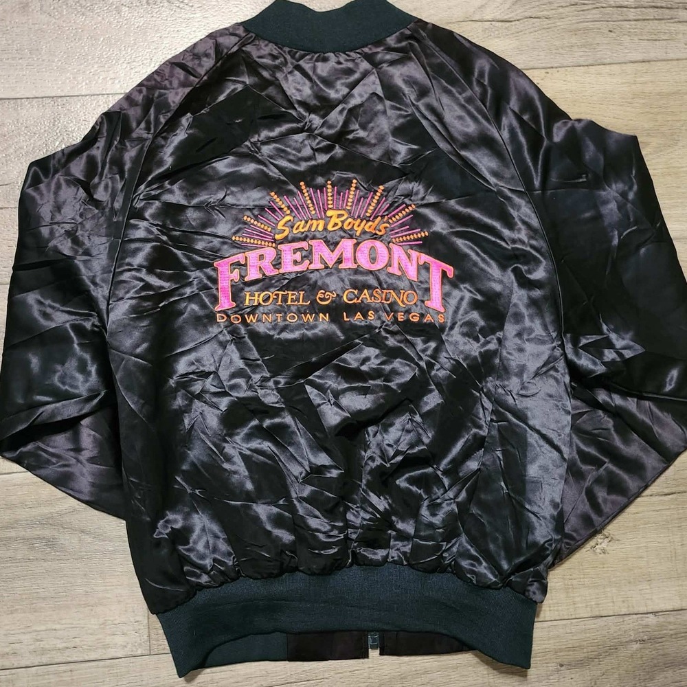 Vintage Fremont Hotel Casino Las Vegas Satin Bomber Jacket Mens Large Black USA